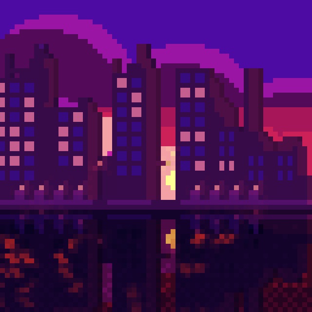 Pixel art of a city at dusk