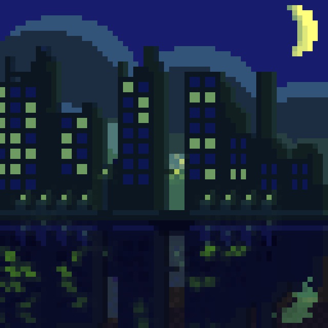 Pixel art of a city at night